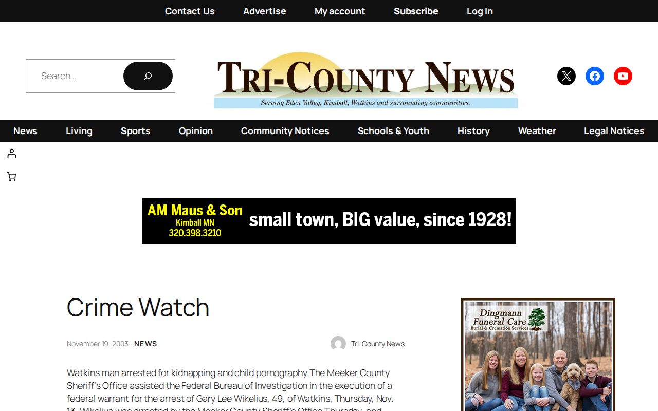 Tri-County News Meeker County Crime Watch source page for arrest news context