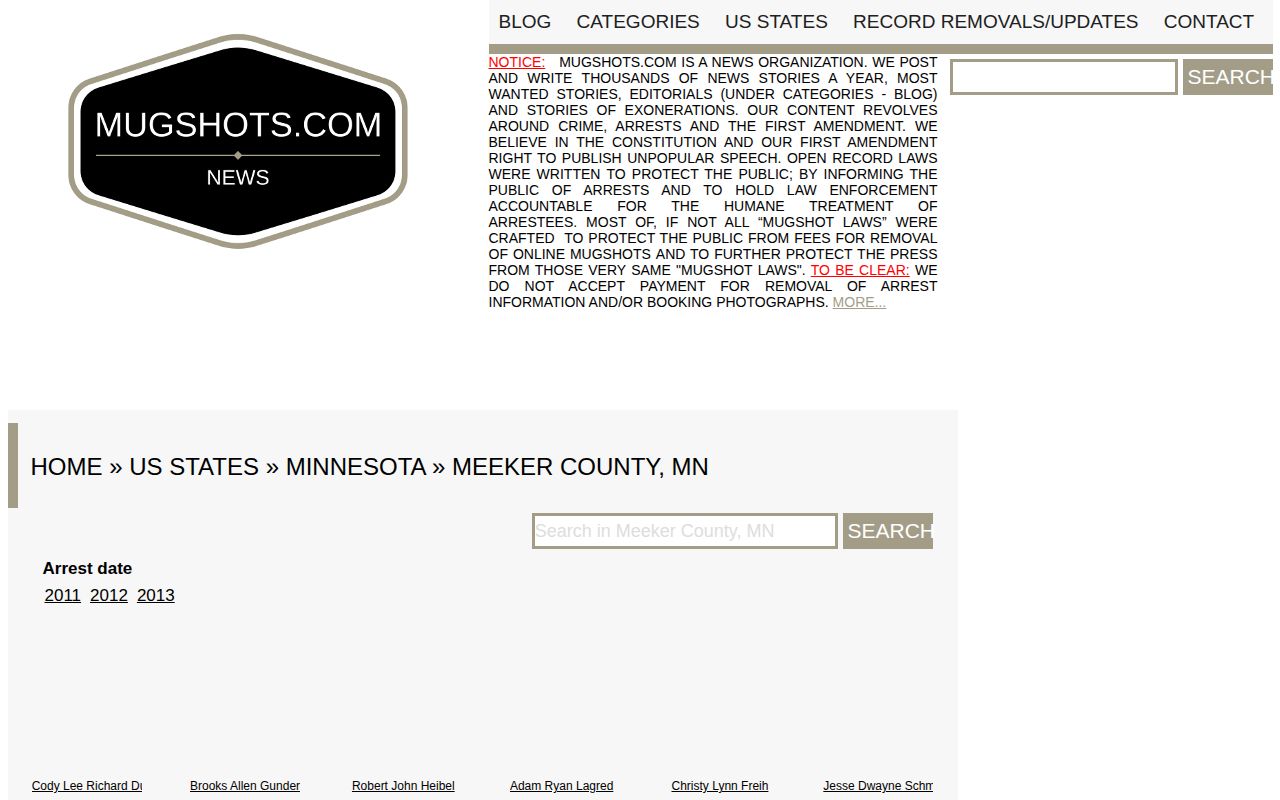 Unofficial Meeker County Mugshots.com page referenced with accuracy caveat