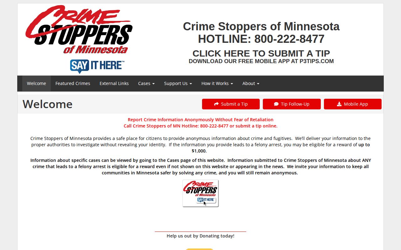 Crime Stoppers of Minnesota official anonymous tip page for Meeker County safety information