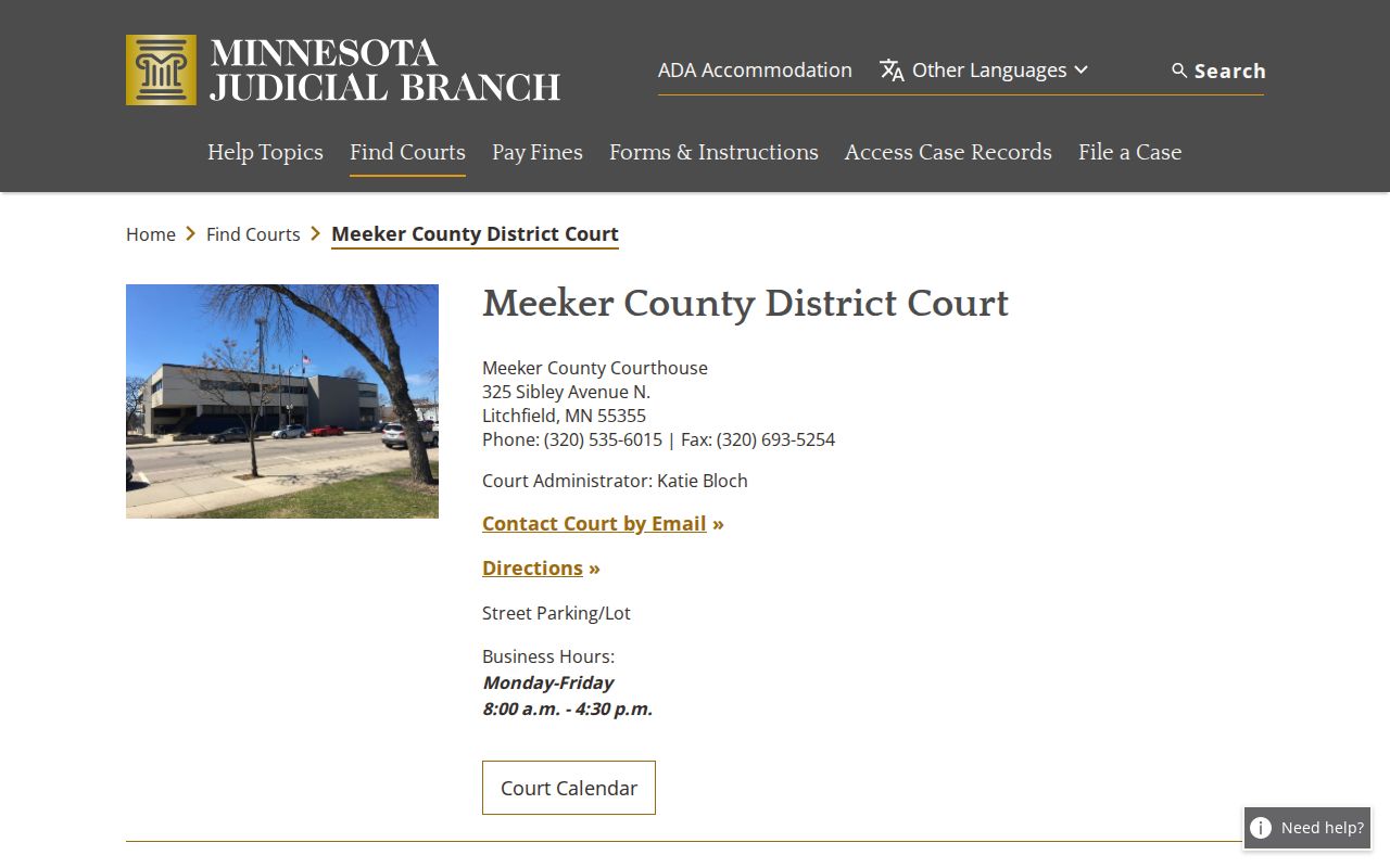 Meeker County District Court official contact page for warrant confirmation